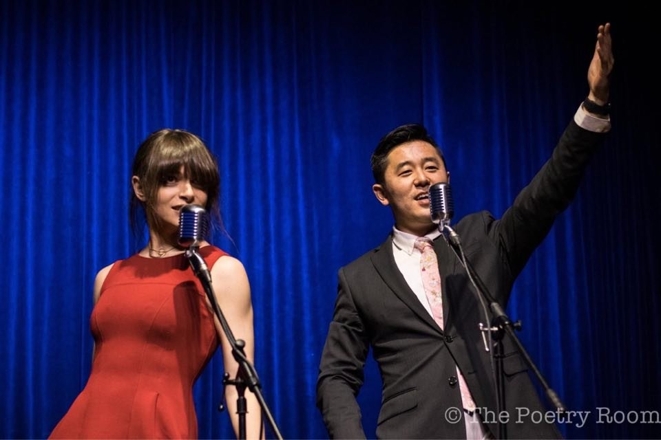 Masaki Takahashi (right) and former Poetry Room co-host Grace Carras onstage at The Robin Theatre.
